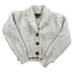 SML Design Cream Wool‎ Cropped Cardigan Sweater Shawl Collar Fringe Trim Small